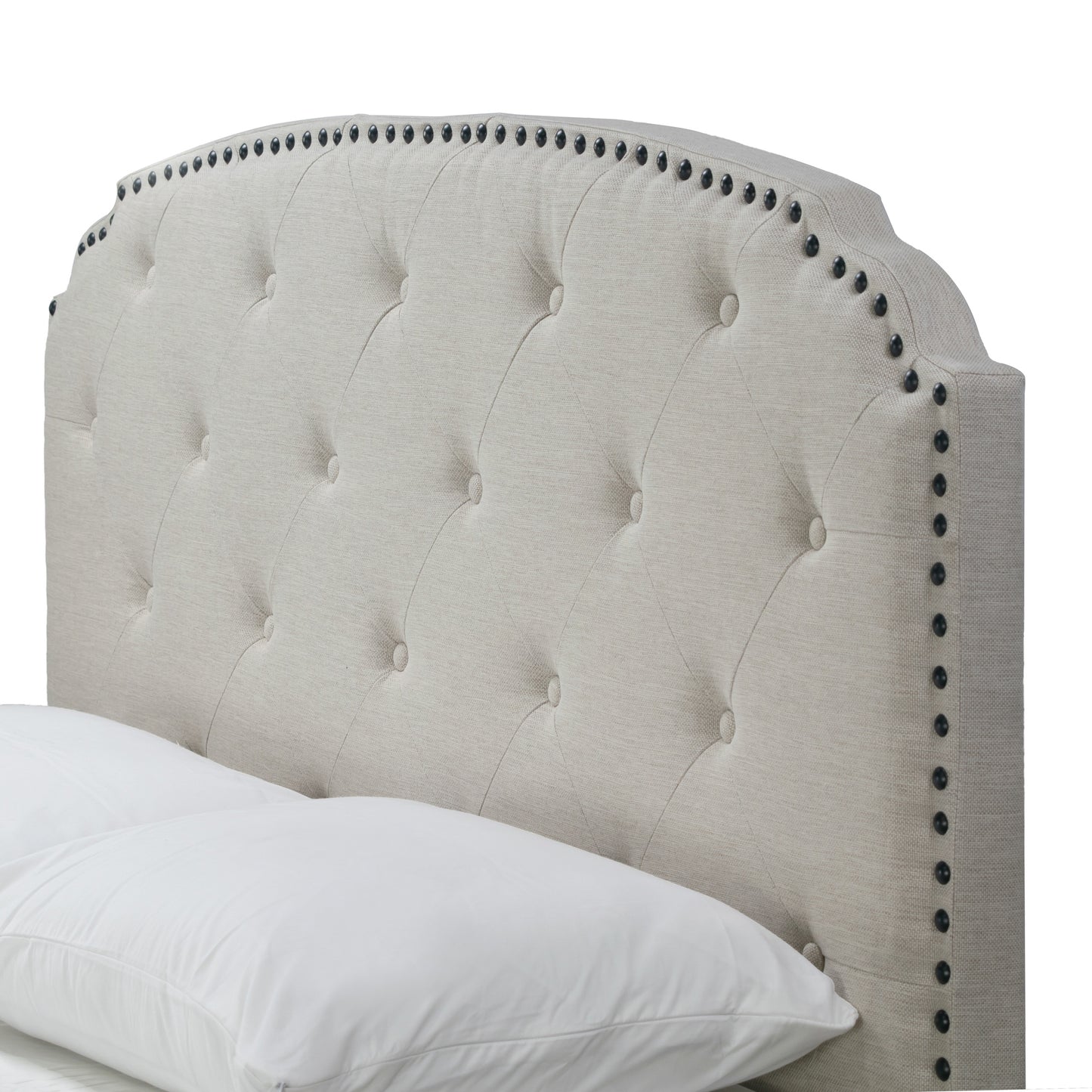 Arin Beige Fabric Queen Bed with Button Tufting and Black Nail Head Trim