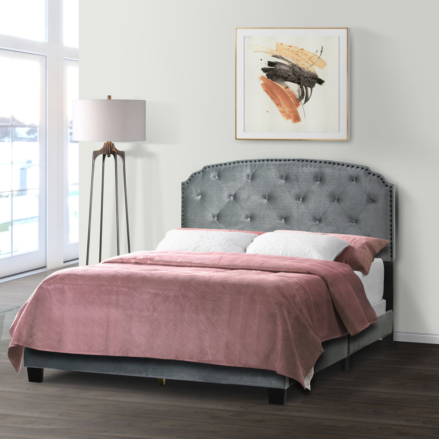 Arin Silver Grey Velvet Queen Bed with Button Tufting and Black Nail Head Trim