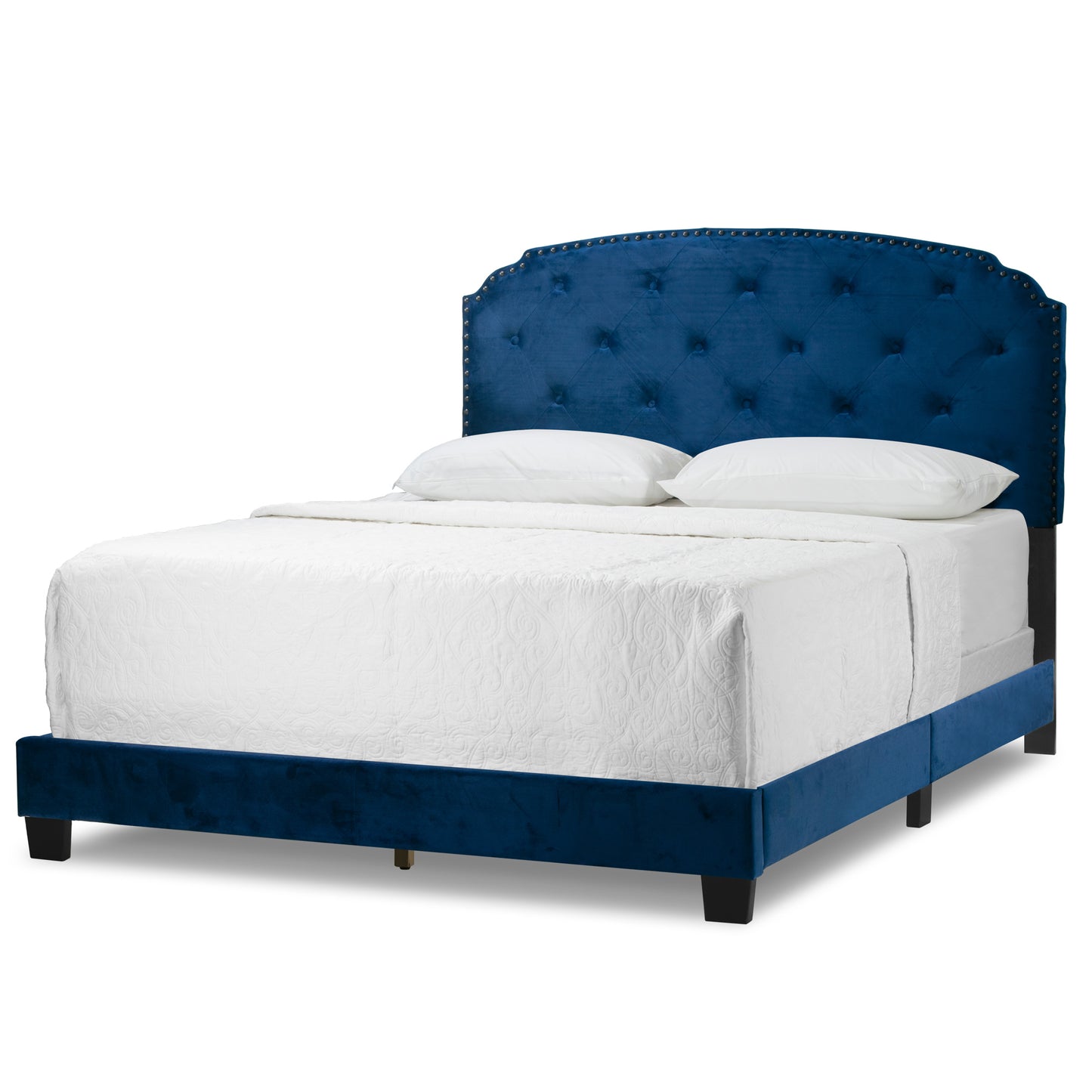 Arin Navy Blue Velvet Queen Bed with Button Tufting and Black Nail Head Trim