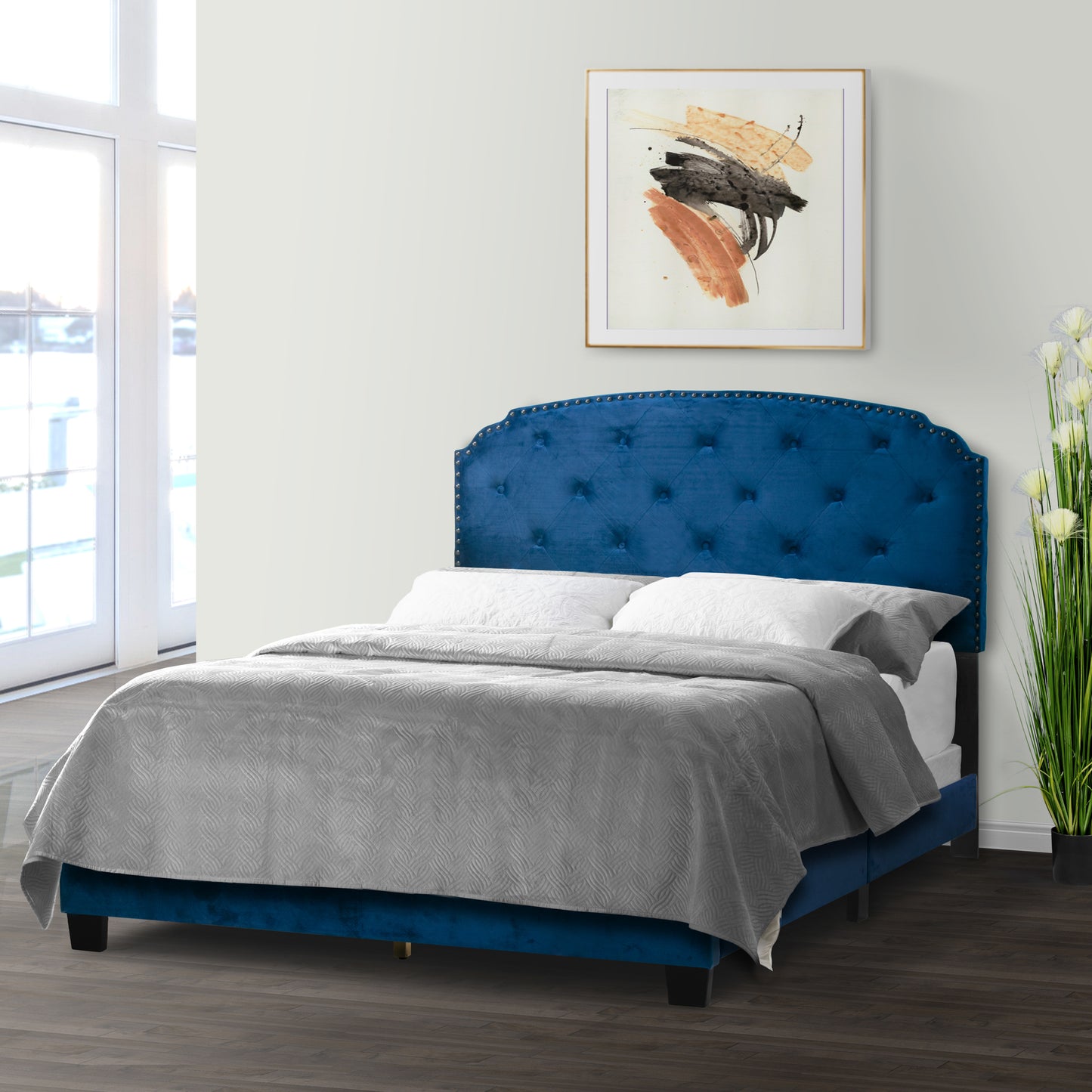 Arin Navy Blue Velvet Queen Bed with Button Tufting and Black Nail Head Trim