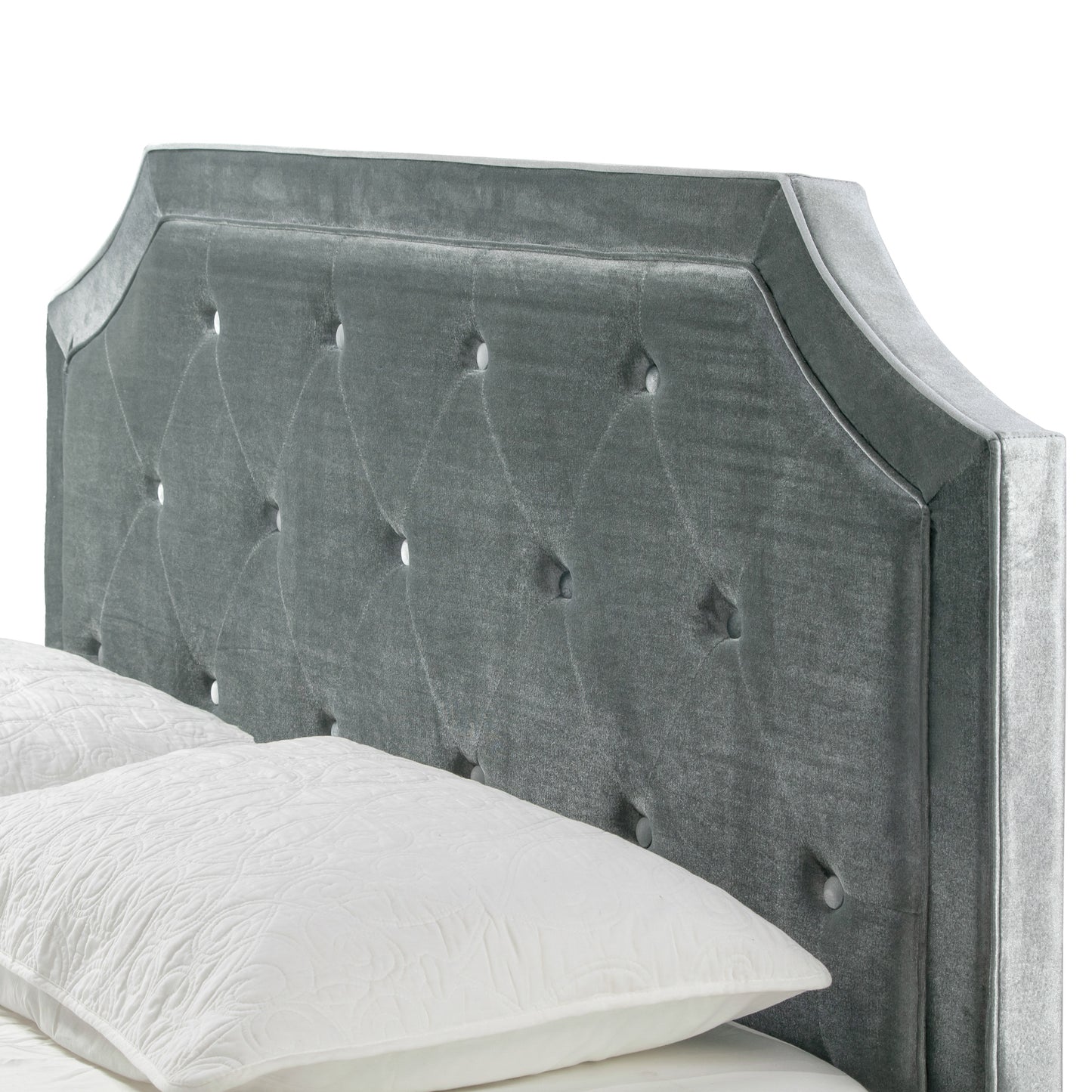 Aria Silver Grey Velvet Queen Bed with Piping and Button Tufting