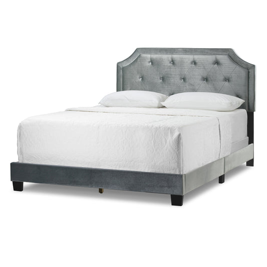 Aria Silver Grey Velvet Queen Bed with Piping and Button Tufting