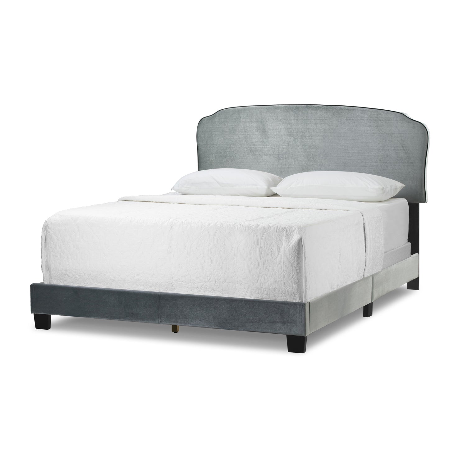 Aric Silver Grey Velvet Queen Bed with Contrasting Piping Accent