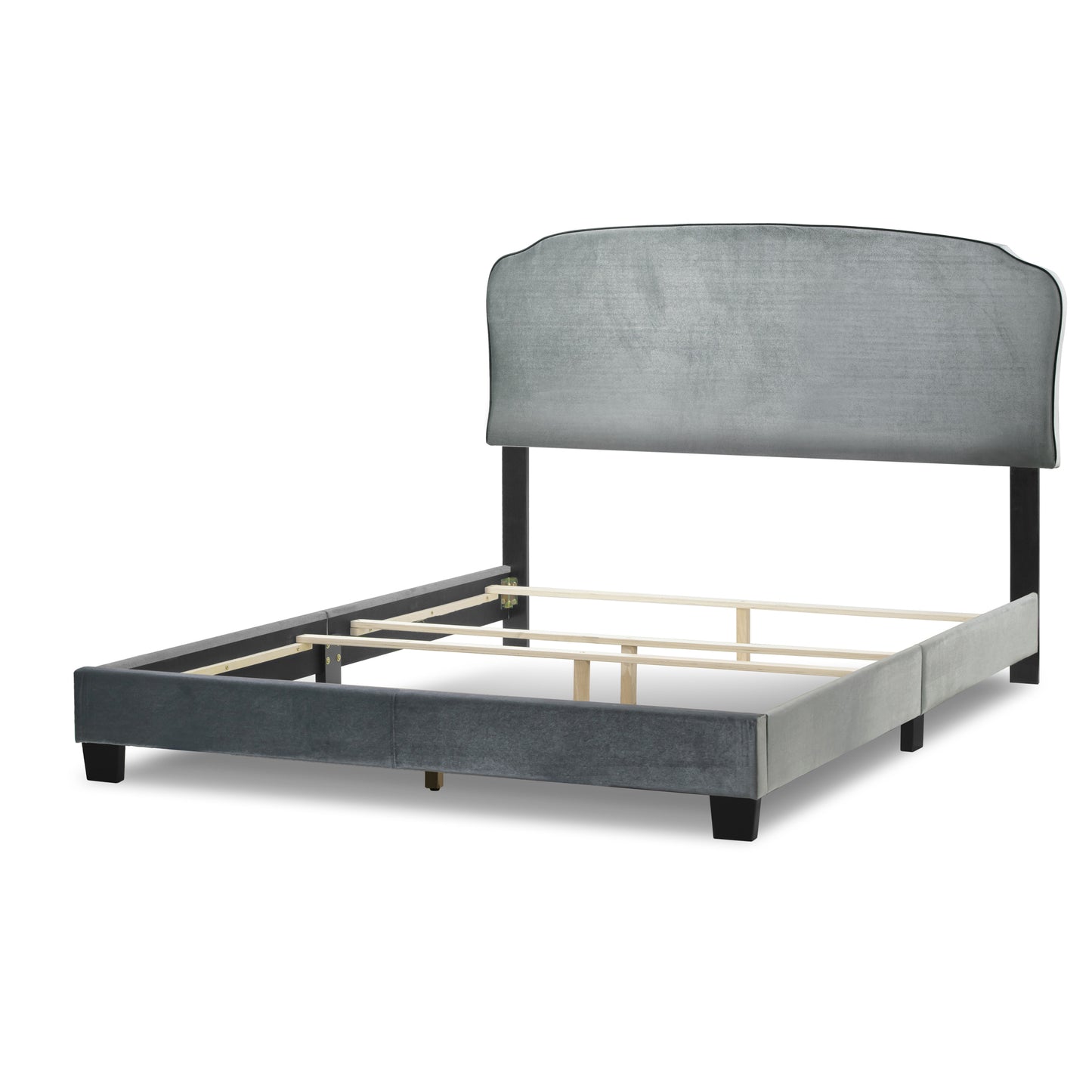 Aric Silver Grey Velvet Queen Bed with Contrasting Piping Accent
