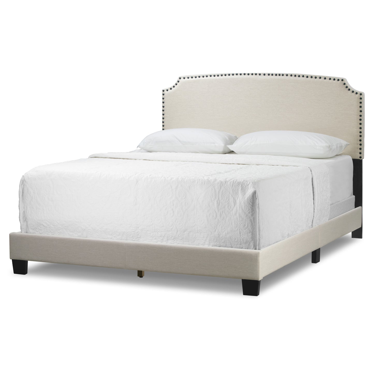 Arezo Beige Fabric Queen Bed with Black Nail Head Trim