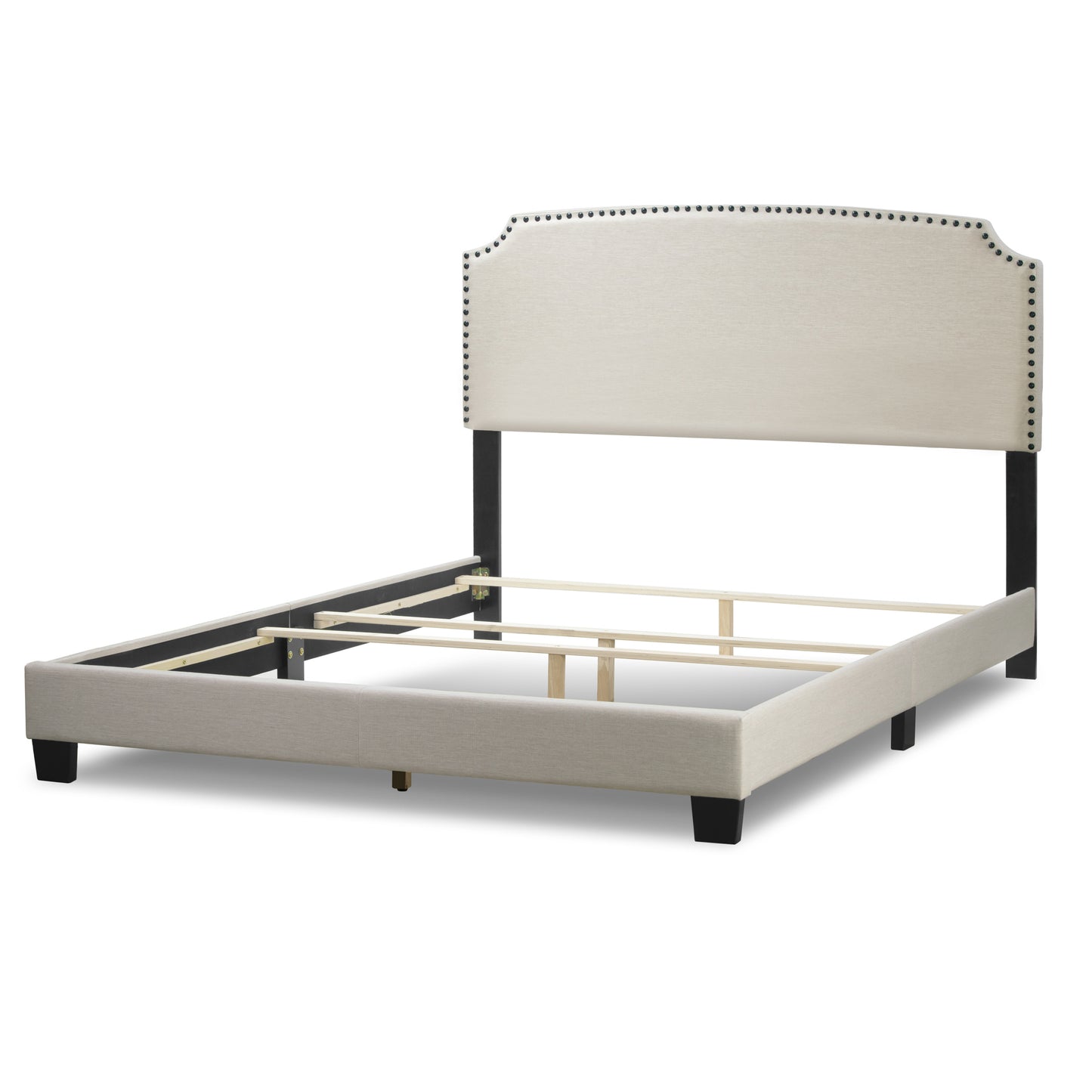 Arezo Beige Fabric Queen Bed with Black Nail Head Trim