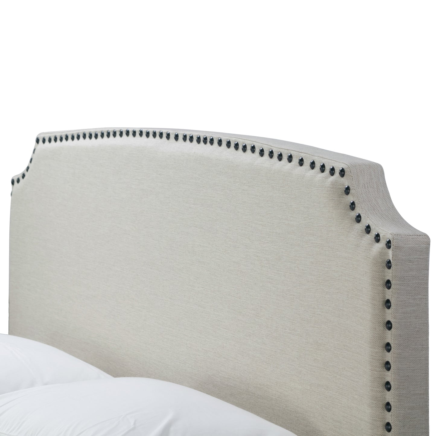 Arezo Beige Fabric Queen Bed with Black Nail Head Trim