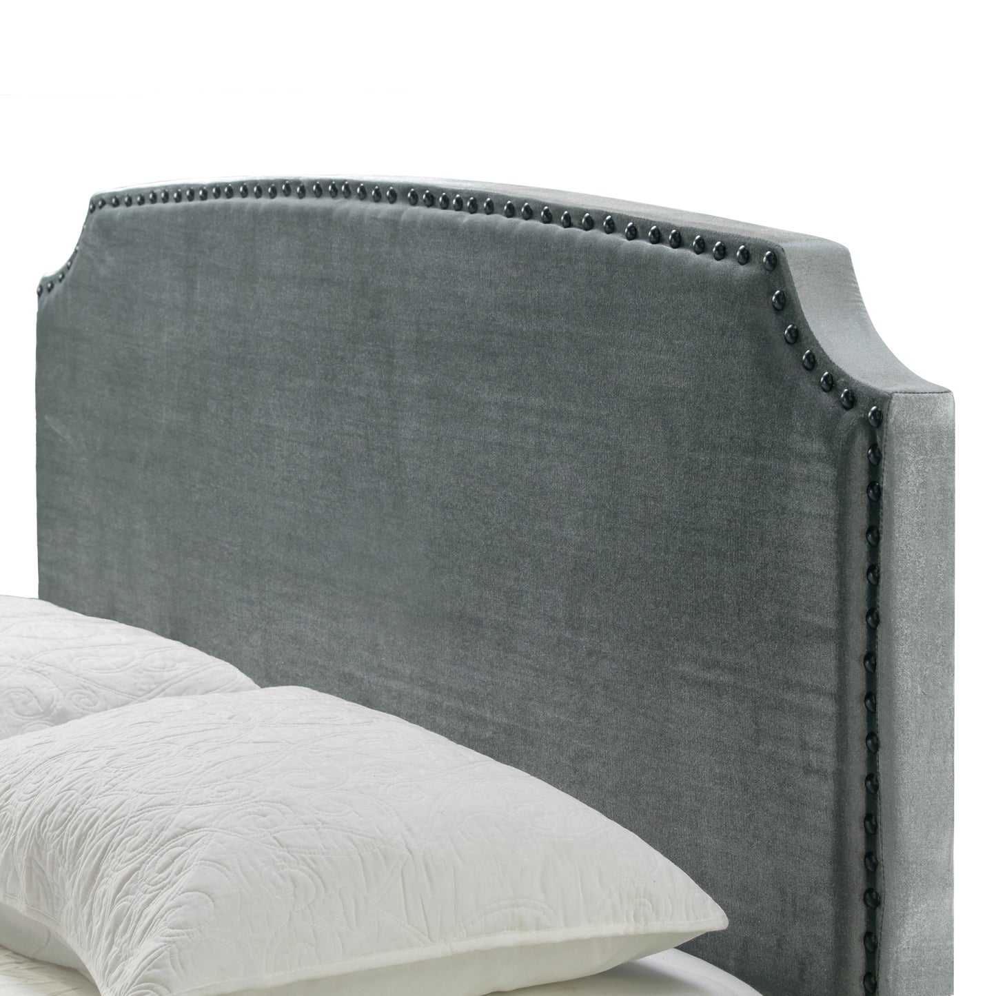 Arezo Silver Grey Velvet Queen Bed with Black Nail Head Trim