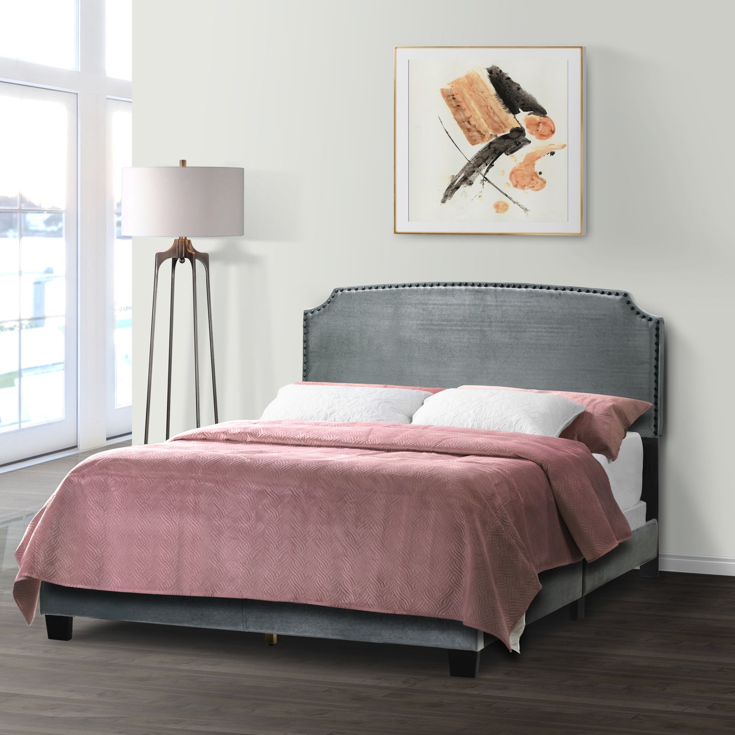 Arezo Silver Grey Velvet Queen Bed with Black Nail Head Trim