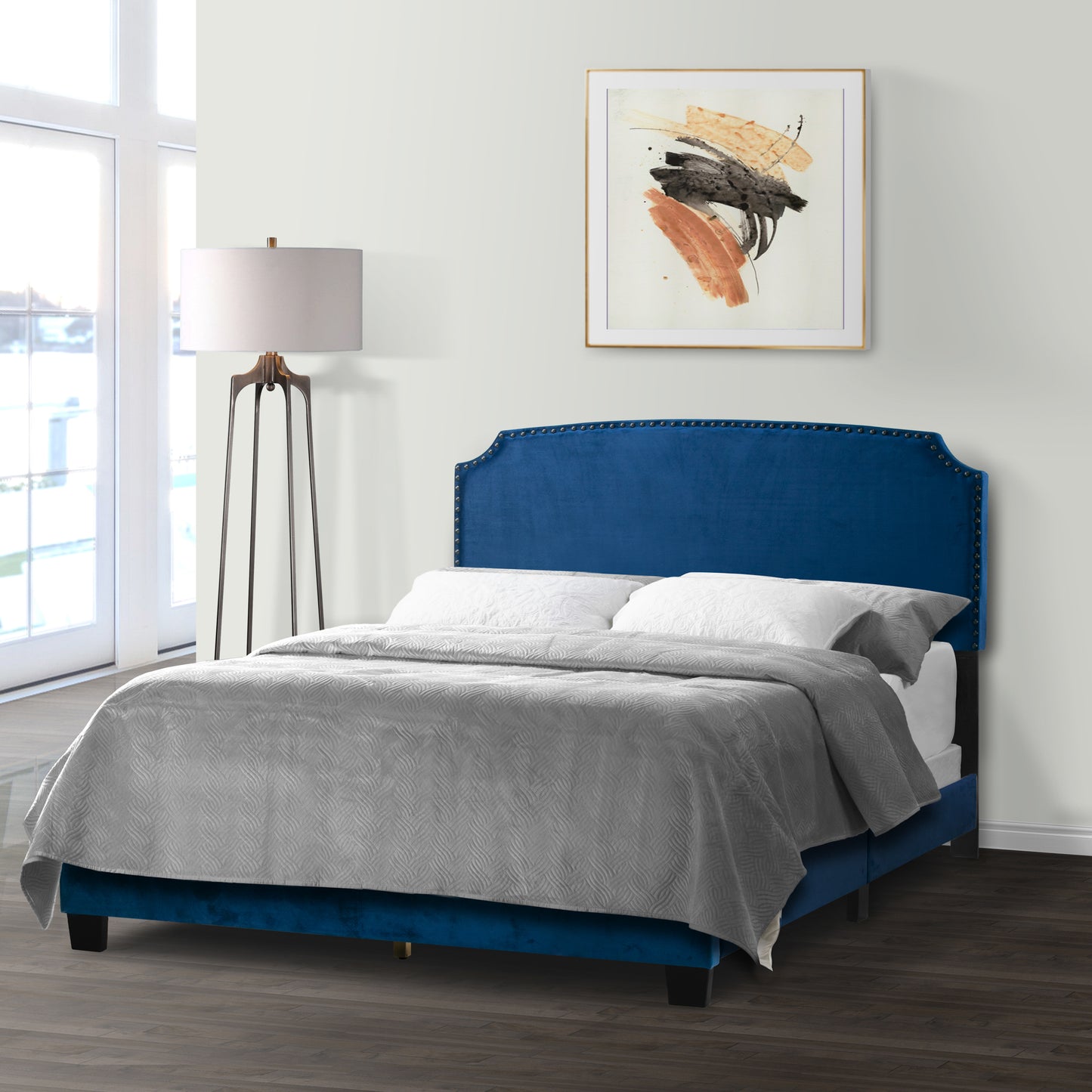Arezo Navy Blue Velvet Queen Bed with Black Nail Head Trim