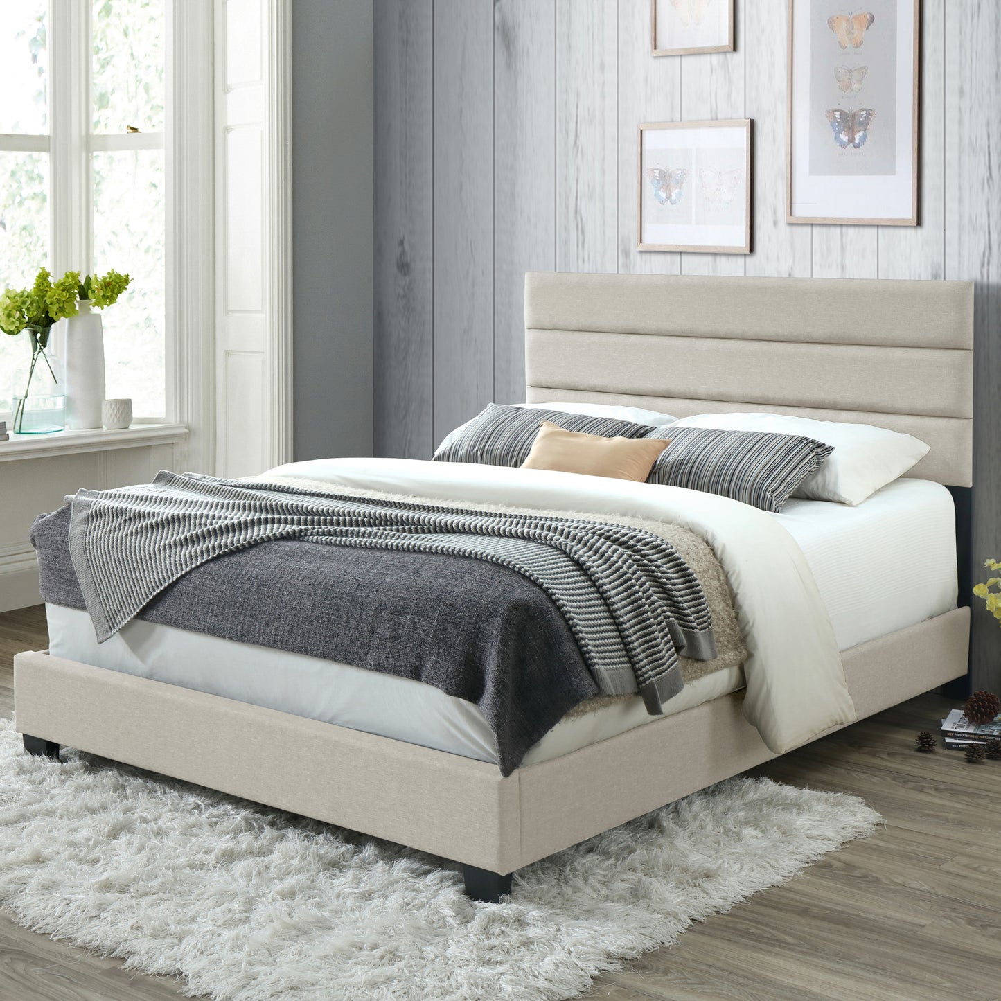 Aris Beige Fabric Queen Bed with Line Stitching Tufting