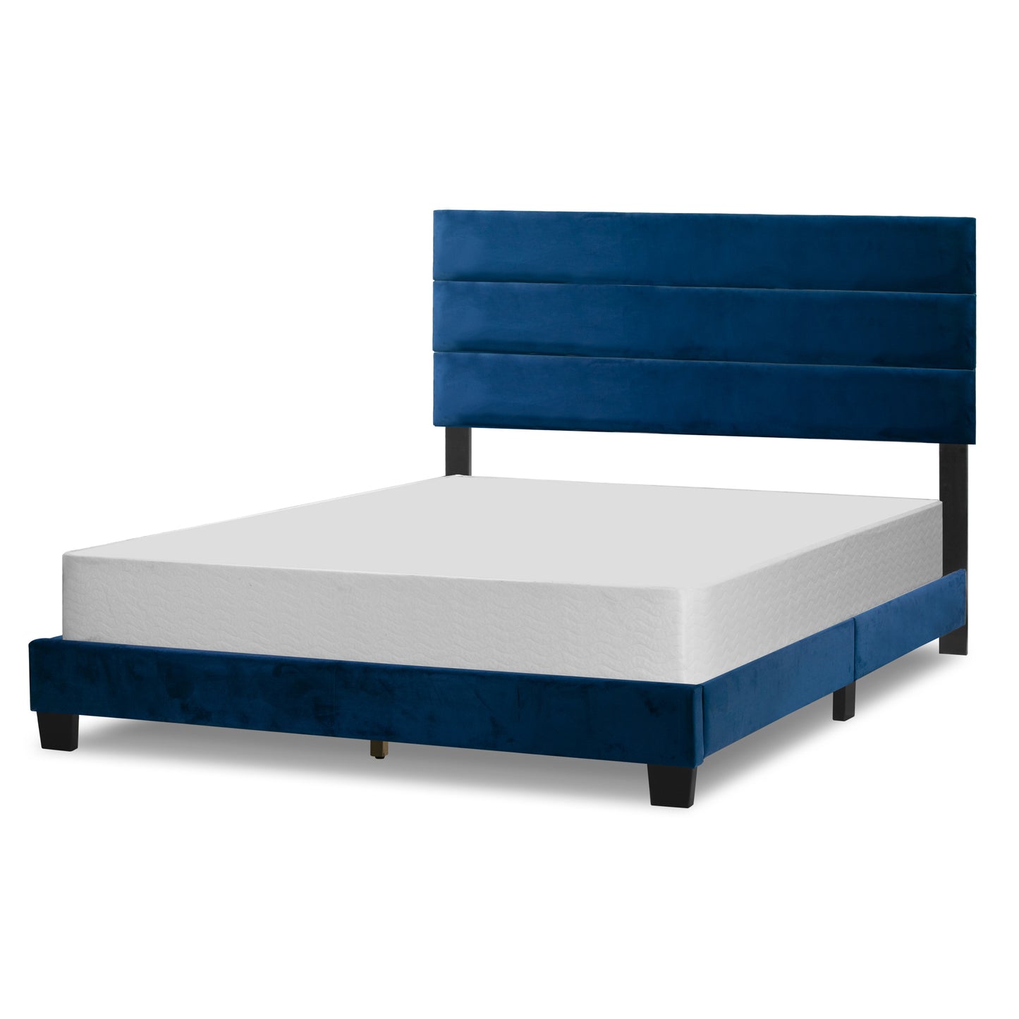 Aris Navy Blue Velvet Queen Bed with Line Stitching Tufting