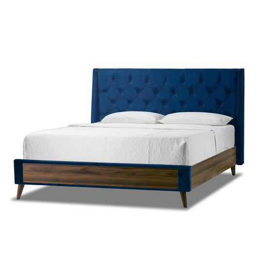 Arlo Navy Blue Velvet Queen Bed with Wings and Button Tufting