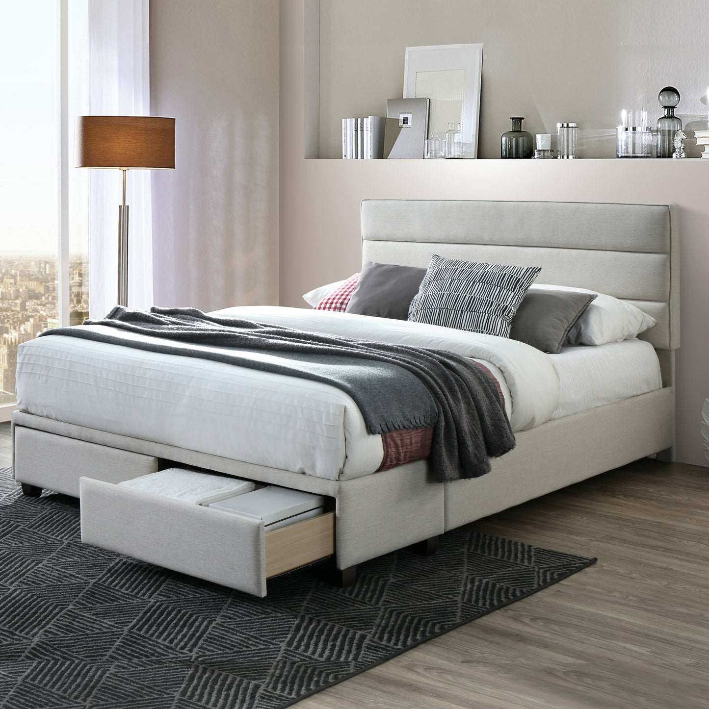 Arnia Beige Fabric Queen Bed Captain’s Bed with Two Storage Drawers