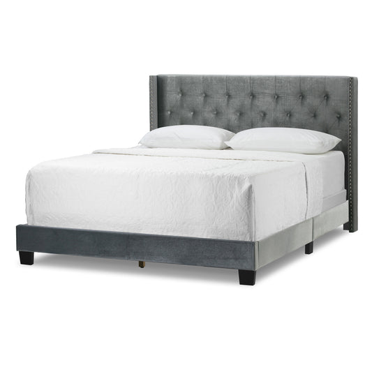 Asali Silver Grey Velvet Queen Bed with Button Tufting and Nail Headed Wings