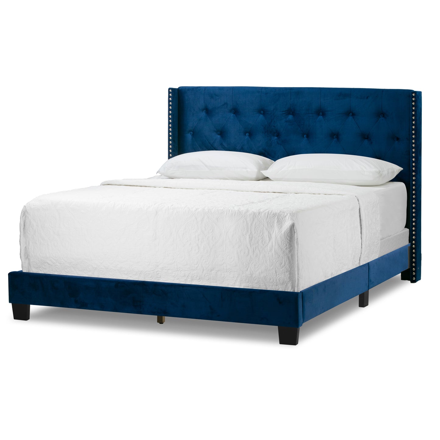 Asali Navy Blue Velvet Queen Bed with Button Tufting and Nail Headed Wings