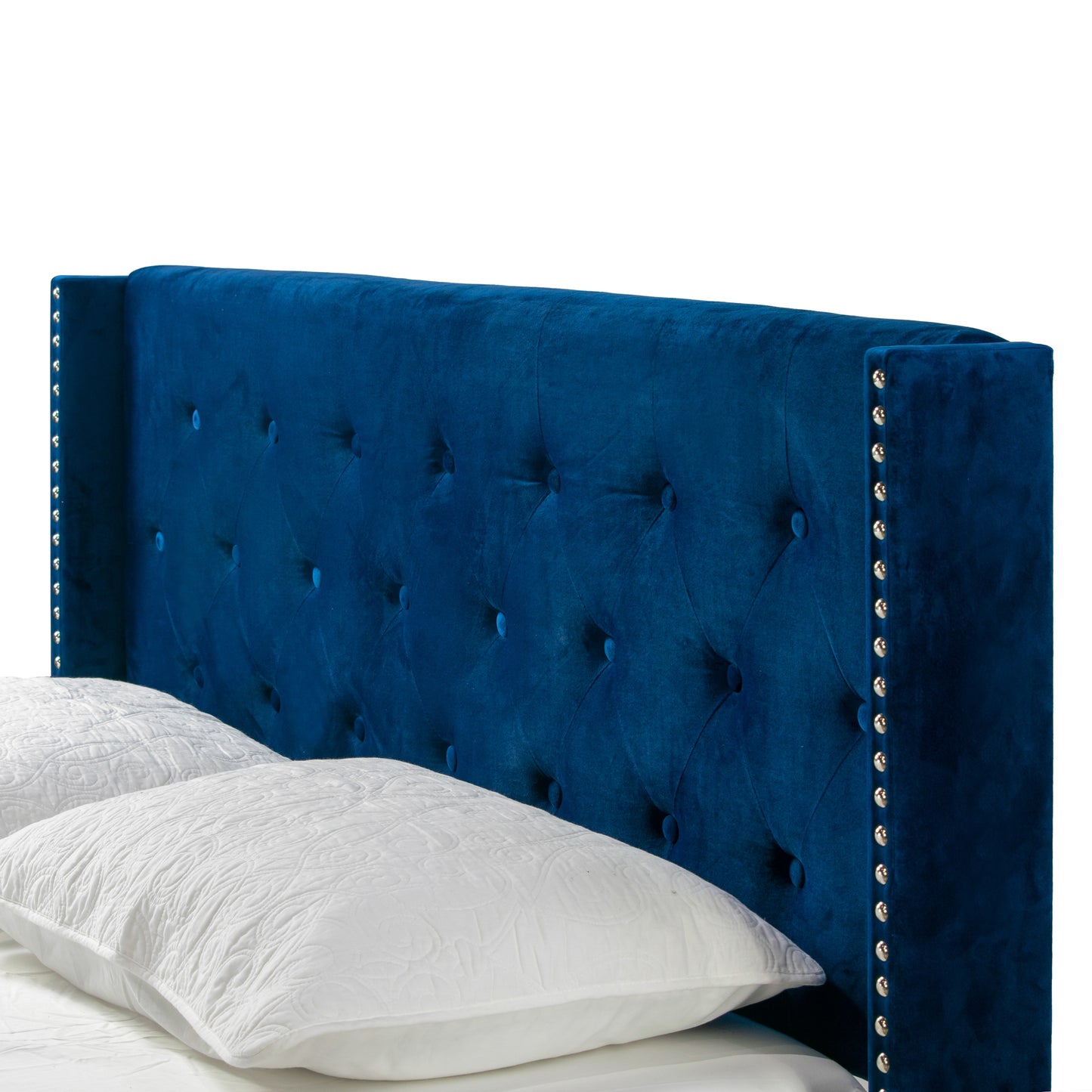 Asali Navy Blue Velvet King Bed with Button Tufting and Nail Headed Wings