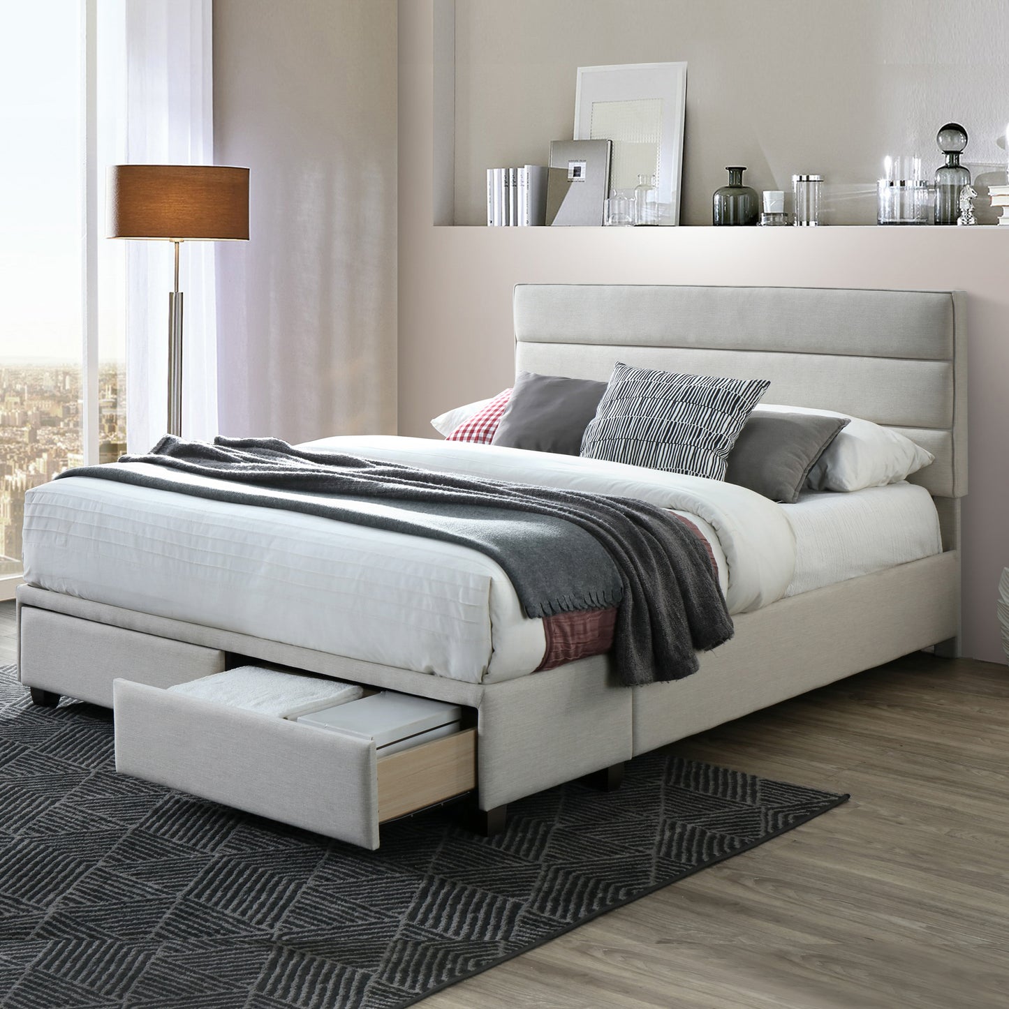 Arnia Beige Fabric King Bed Captain’s Bed with Two Storage Drawers