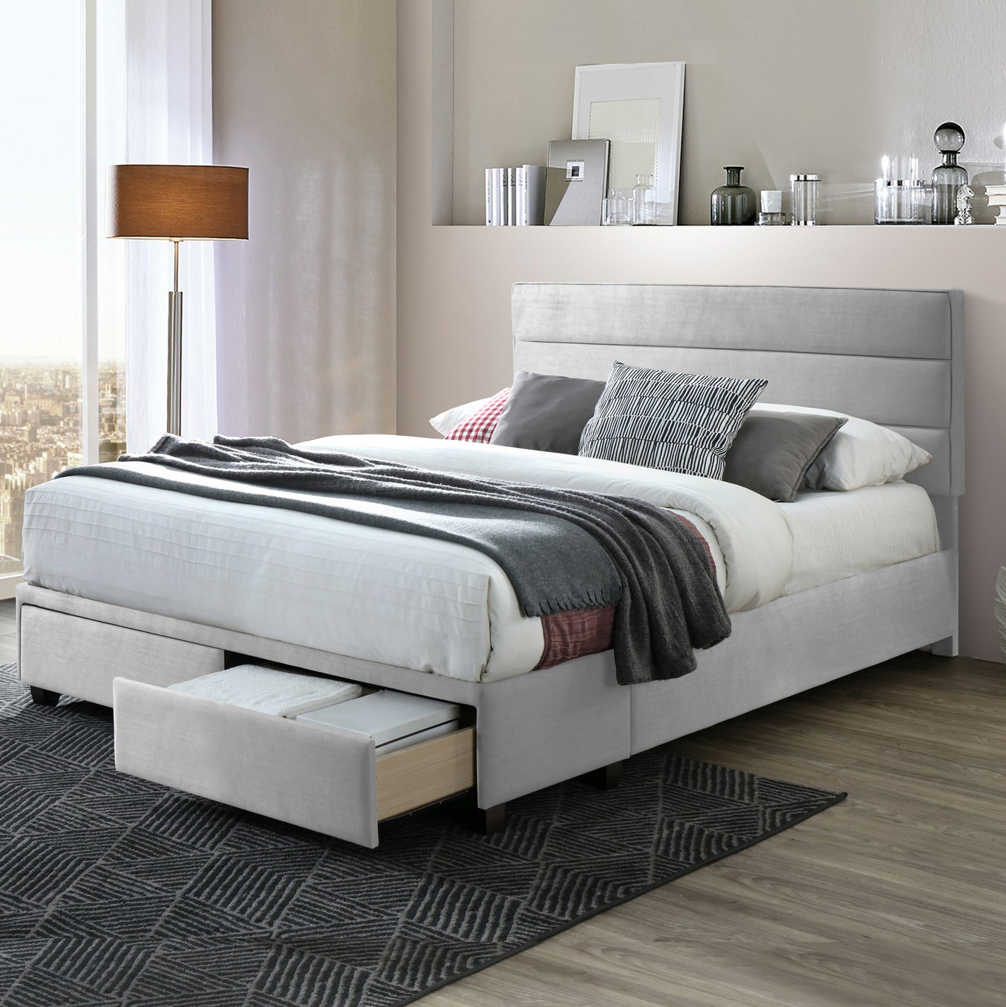Arnia Silver Grey King Bed Captain’s Bed with Two Storage Drawers