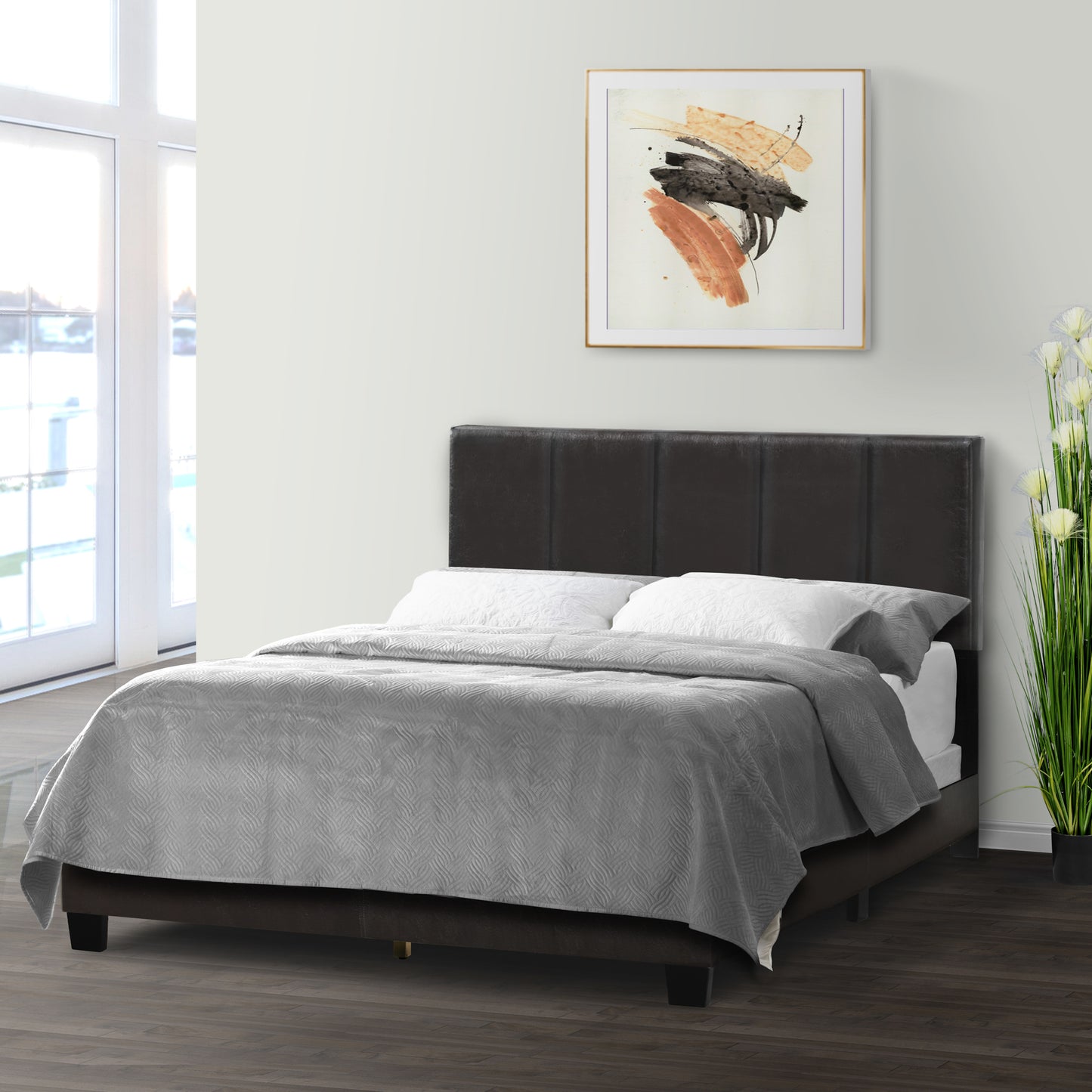 Arty Black Brown Faux Leather Twin Bed with Line Stitch Tufting