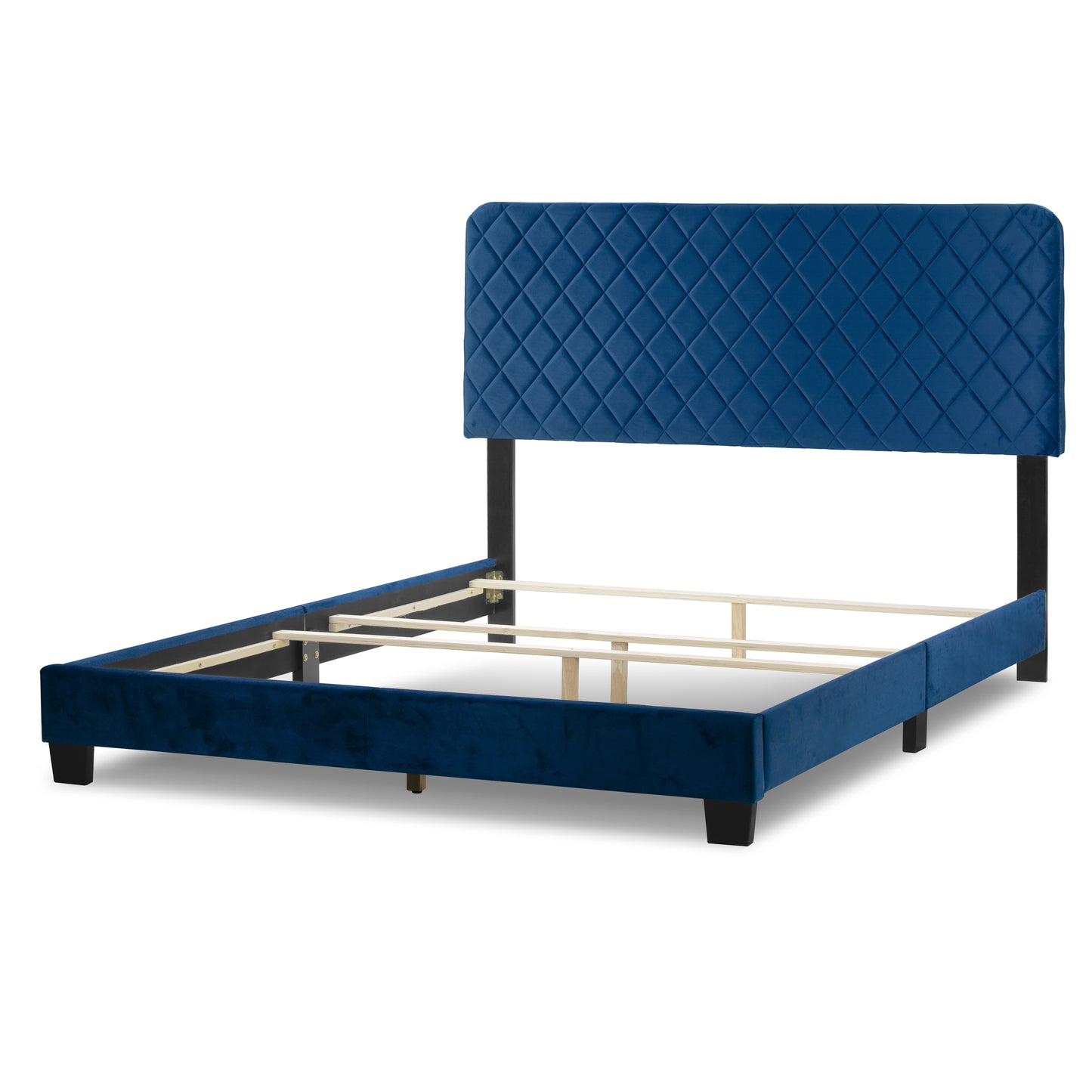 Aurum Navy Blue Velvety Fabric Queen Bed with Decorative Stitching