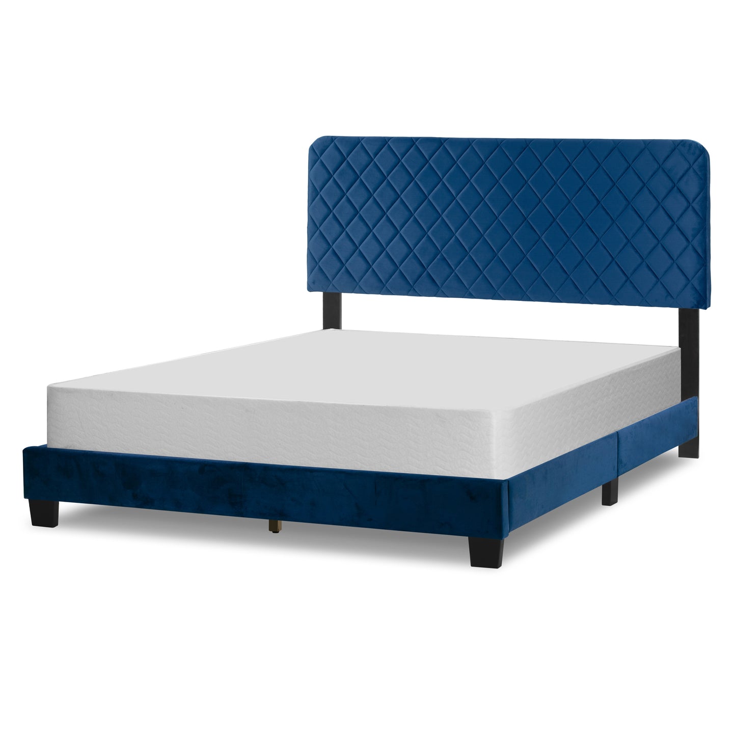 Aurum Navy Blue Velvety Fabric Queen Bed with Decorative Stitching
