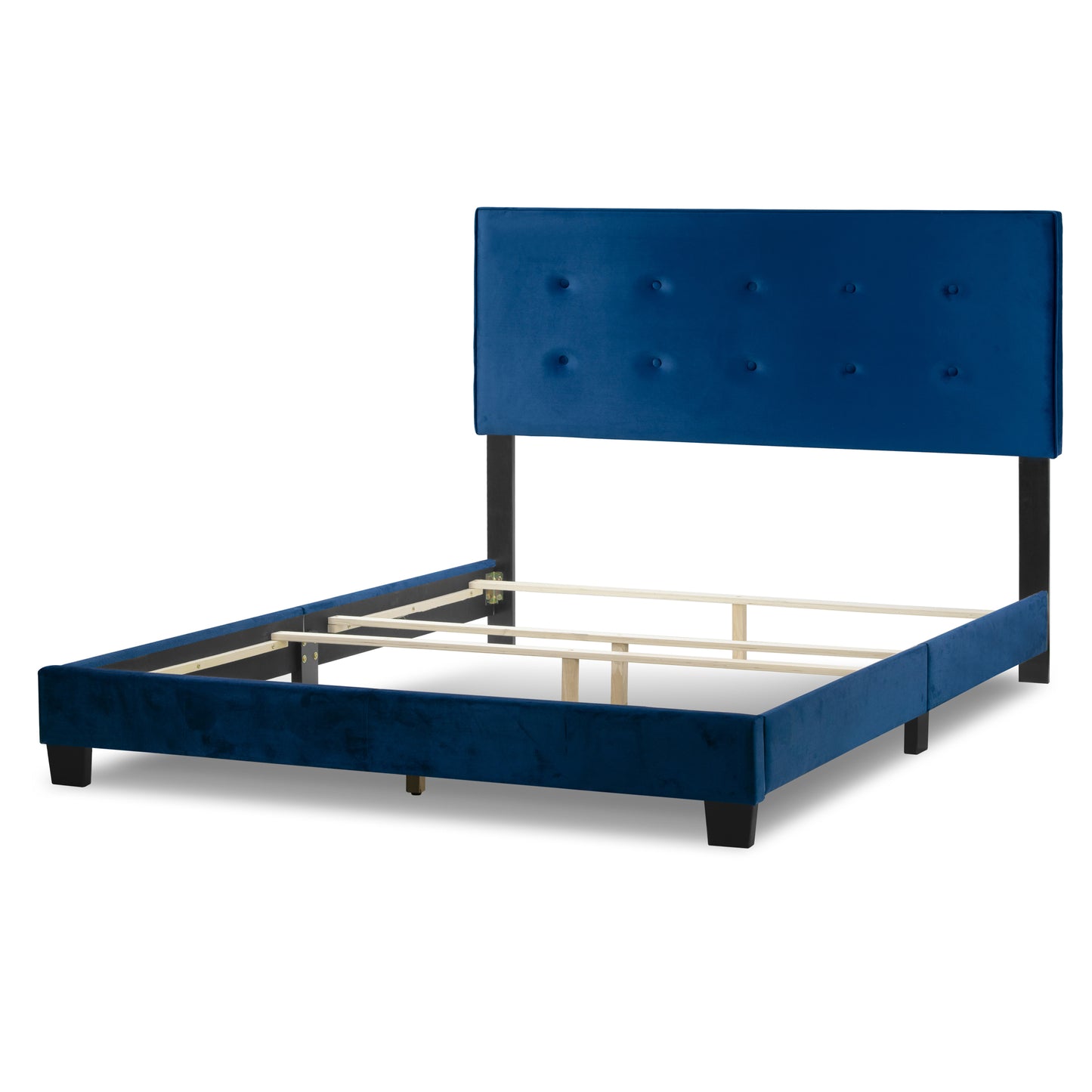 Auryon Navy Blue Velvety Fabric Queen Bed with Button Tufting