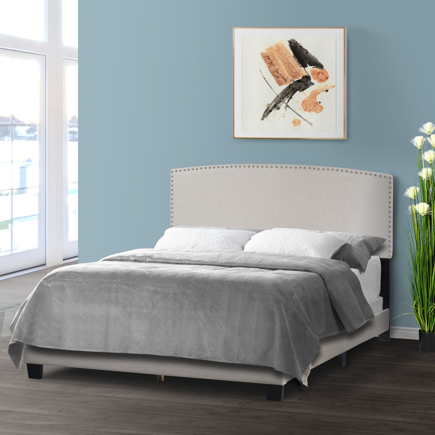 Ausca Beige Fabric Queen Bed with Nail Head Trim