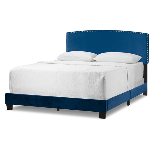 Ausca Navy Blue Velvety Fabric Queen Bed with Nail Head Trim