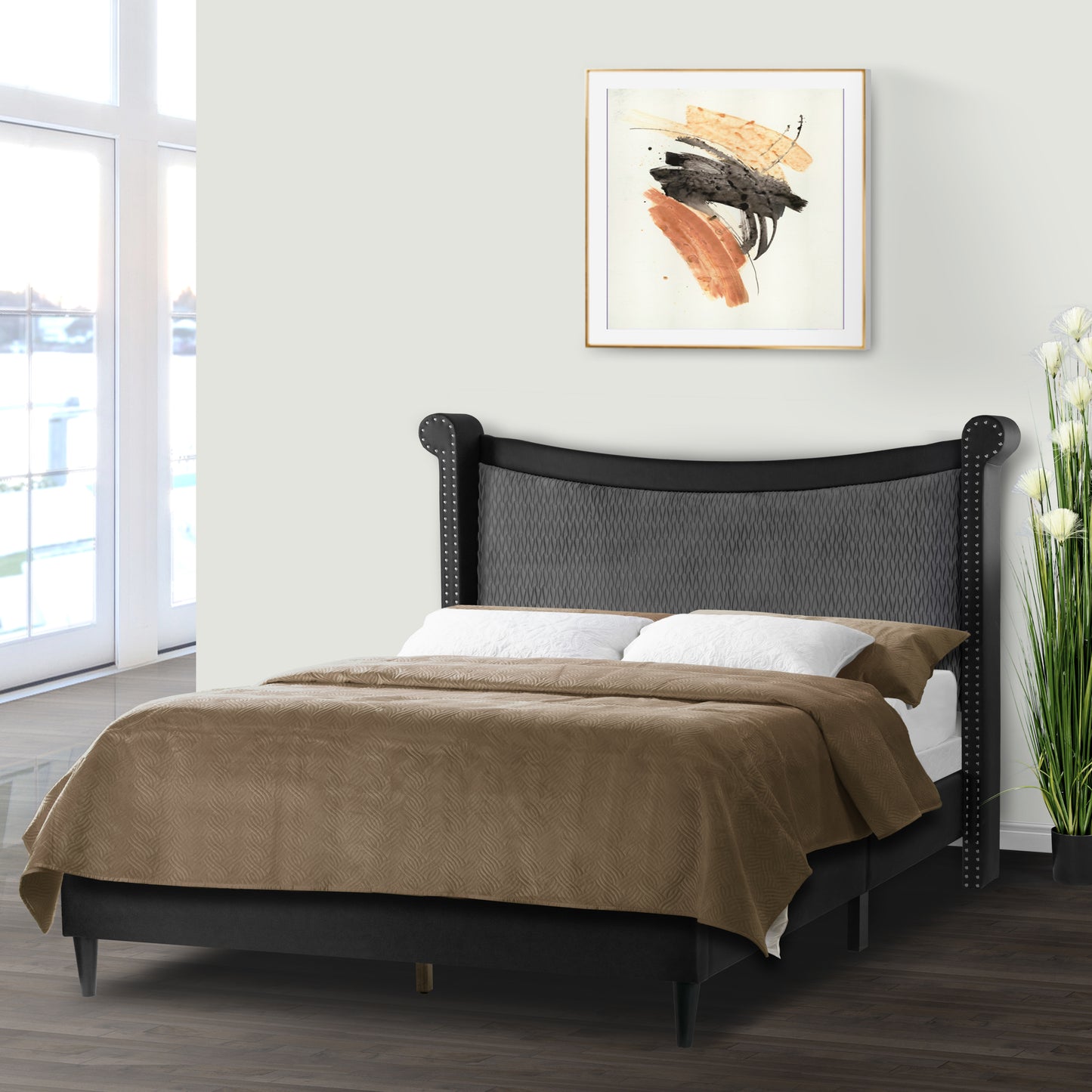 Ava Black Upholstered Queen Bed with Nail Heads