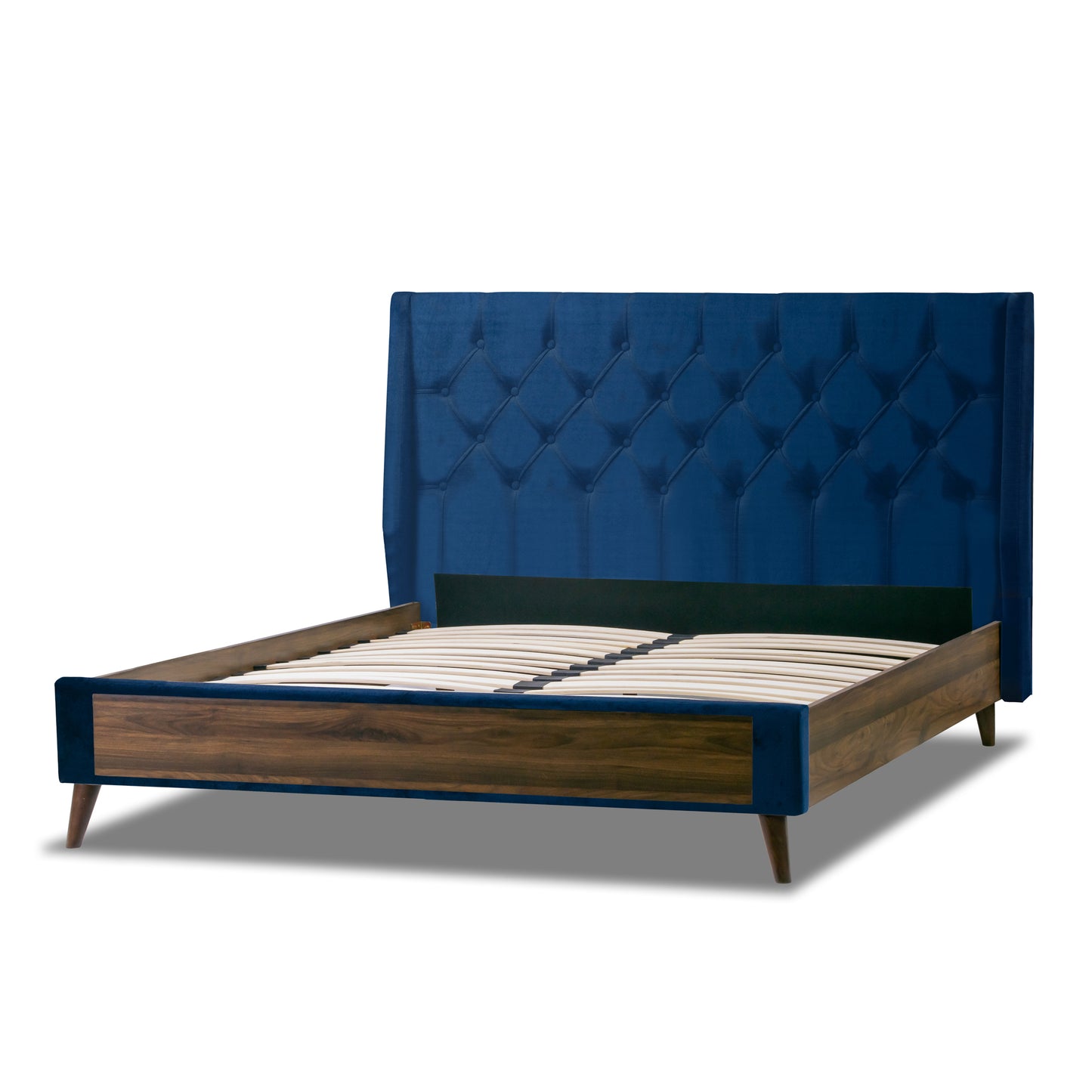 Arlo Navy Blue Velvet King Bed with Wings and Button Tufting